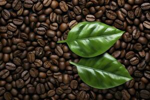 AI generated Green leaves with coffee beans as background. AI Generated photo