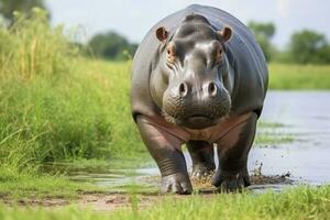 AI generated Hippopotamus Walking in a green field. AI Generated photo