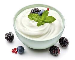 AI generated Green bowl of greek yogurt and fresh berries isolated on white background. AI Generated photo