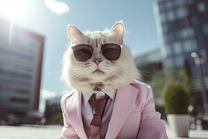 AI generated A cat is wearing sunglasses, suit and standing on street. AI Generated photo