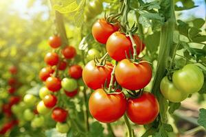 AI generated Fresh bunch of red natural tomatoes on a branch in vegetable garden. AI Generated photo