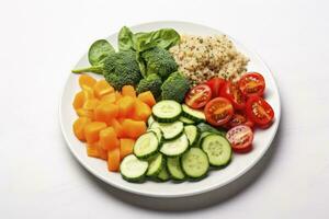 ai generado ensalada con quinua, espinaca, brócoli, Tomates, pepinos y zanahorias. ai generado foto