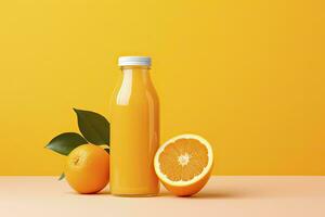 AI generated Orange Juice bottle on orange background. AI Generated photo