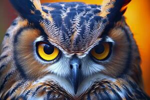 AI generated Owl headshot with closeup of face. Generative AI photo