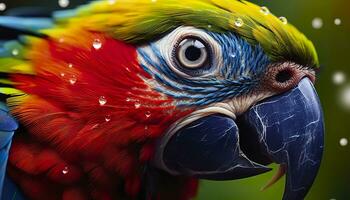 ai generado tropical guacamayo encaramado, vibrante plumas en enfocar. generativo ai foto