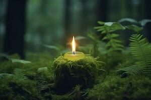 AI generated Burning candle on moss, dark green blurred the natural background. Magic candle. Generative AI photo