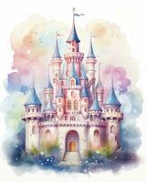 AI generated Colorful watercolor kawaii castle isolated on white background. AI Generated photo