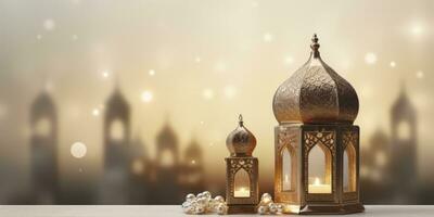 AI generated Celebration of islamic eid mubarak and eid al adha lantern in a light background. AI Generated photo