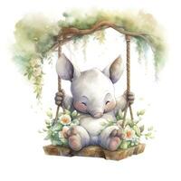 AI generated Cute happy baby rhino on swings in the tree in watercolor style. AI Generated photo