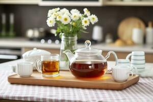 AI generated Wooden tray with teapot, cups of natural chamomile tea and flowers on table. Generative AI photo