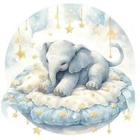 AI generated An elephant on a bed with stars and blankets around the circle. AI Generated photo