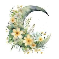 AI generated Watercolor floral Moon with greenery on a white background. AI Generated photo