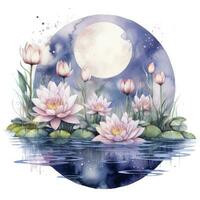 AI generated Floral Moon and Water Lilies on a white background. AI Generated photo