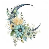 AI generated Watercolor floral Moon with greenery on a white background. AI Generated photo