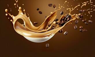 AI generated hot liquid coffee splash with Coffee Bean falling, 3d illustration. AI Generated photo