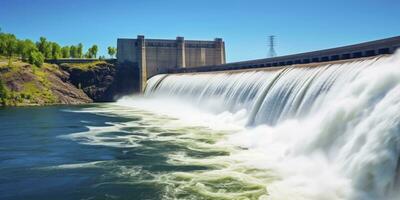 ai generado hidroeléctrico represa generando verde energía desde fluido agua. ai generado. foto