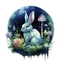 AI generated Watercolor Rabbit and Glowing Moon for T-shirt Design. AI Generated photo