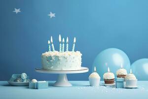 AI generated Birthday cake with candles and sweets on white table near blue wall. Generative AI photo