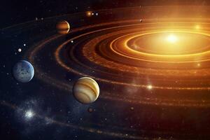 AI generated Our 3d Solar system with planets in orbits path. AI Generative photo