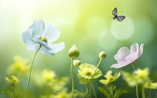 ai generado Fresco primavera Mañana en naturaleza y revoloteando mariposas en un suave verde antecedentes. generativo ai foto