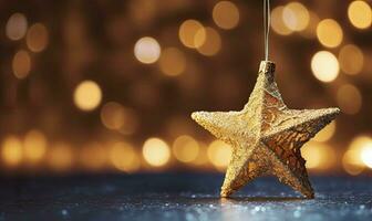 AI generated Sparkling Golden Christmas Star. Ornament Decoration Defocused Bokeh Background. AI Generated photo