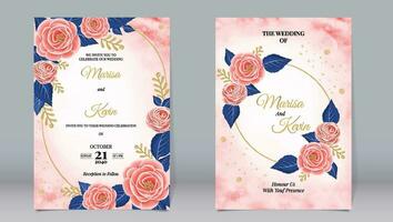 Boda invitación de rosado rosas y azul hojas en un acuarela antecedentes vector