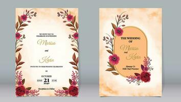 Luxury wedding invitation red rose flowers and leaves with watercolor vector