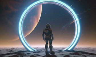 AI generated Astronaut in front of dimensional portal.  AI Generated. photo