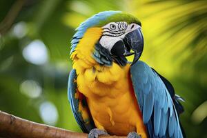 ai generado azul y amarillo guacamayo loro. ai generado foto