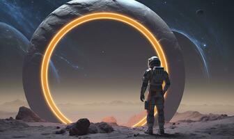 AI generated Astronaut in front of dimensional portal.  AI Generated. photo