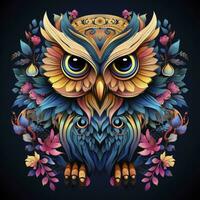 AI generated Multicolored mandala owl coloring page for adults. AI Generated photo