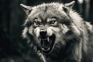 AI generated Greyscale closeup shot of an angry wolf with a blurred background. AI Generated photo