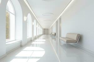 AI generated Interior design of a modern luxurious white building corridor or hallway with waiting seat. AI Generated photo