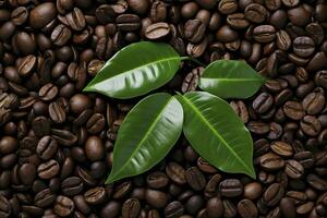 AI generated Green leaves with coffee beans as background. AI Generated photo