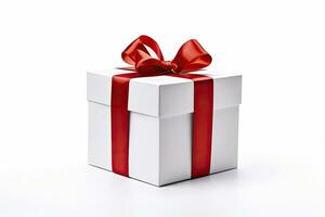 AI generated Gift box with red ribbon isolated on white background. AI Generated photo