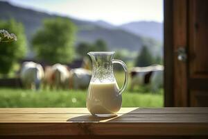 AI generated Glass pitcher with fresh milk on a wooden table. AI Generated photo