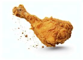 AI generated Fried chicken leg falling in the air isolated on a white background. AI Generated. photo