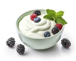 AI generated Green bowl of greek yogurt and fresh berries isolated on white background. AI Generated photo