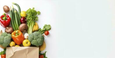 ai generado sano comida en papel bolso vegetales y frutas en blanco antecedentes. ai generado foto