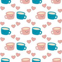 Lovers cups in kawaii style seamless pattern vector