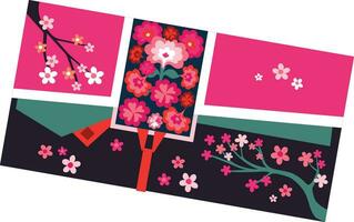 salvar el fecha floral Boda tarjeta conjunto, japón ventilador y flores vector