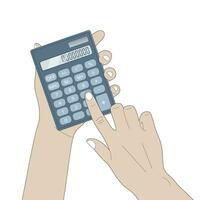 Realistic illustration of a blue calculator in your hands on a white background. vector