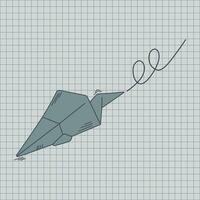 Paper airplane and lines on a checkered notebook sheet background in flat style. vector