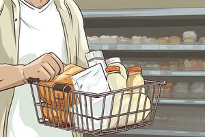 AI generated Man holding shopping basket with bread and milk groceries in supermarket. AI Generated photo