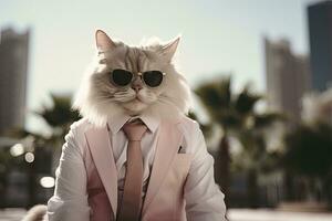 AI generated A cat is wearing sunglasses, suit and standing on street. AI Generated photo