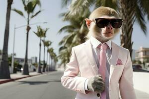 AI generated A Monkey is wearing sunglasses, suit and standing on street. AI Generated photo