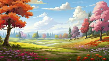 AI generated Spring season with colorful flowers and trees in a pretty meadow or field. AI Generated. photo