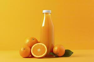 AI generated Orange Juice bottle on orange background. AI Generated photo