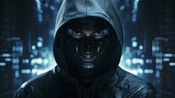 AI generated Binary Intrigue. Anonymous robotic hacker. Concept of hacking. AI Generated photo