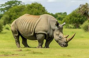 AI generated White Rhino grazing. AI Generated photo